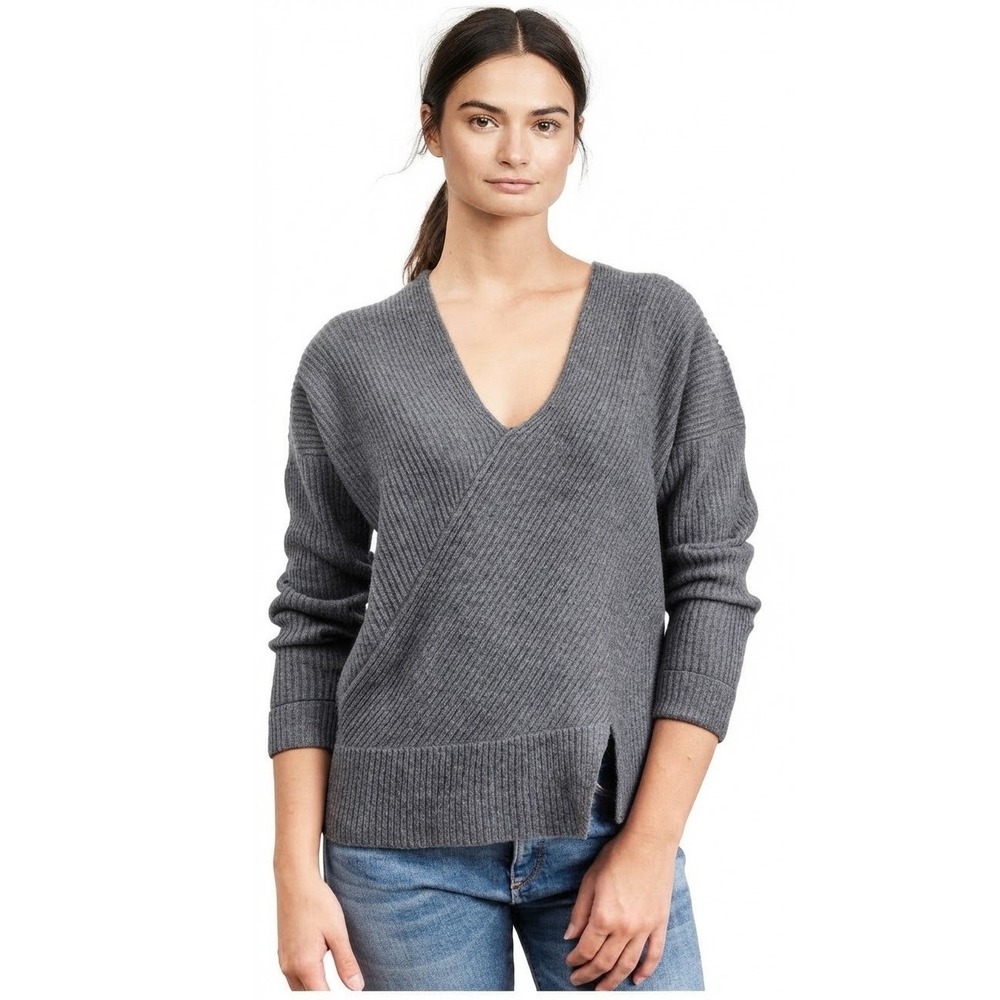 Brochu Walker Grey Ribbed Wool Cashmere  V-Neck Sweater Womens Size Small